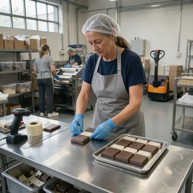a worker applying labels to finished chocolate bars at a clean stainless steel workstation with a barcode scanner nearby