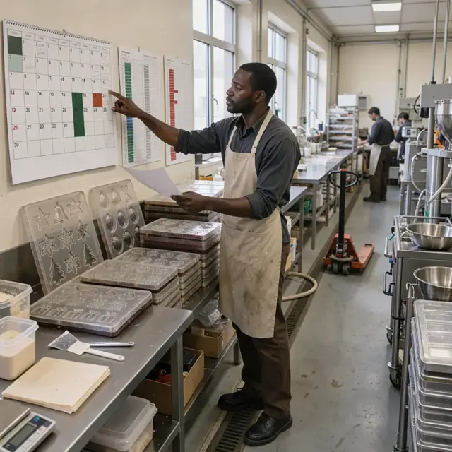 a worker reviewing a large wall calendar and production charts next to stacks of specialty holiday molds in a chocolate workshop