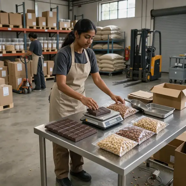 a worker weighing blocks of dark chocolate and bags of roasted nuts on a digital scale in a stock room