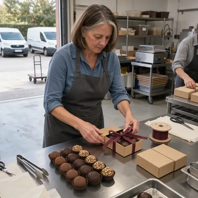 a worker folding boxes and tying ribbon around finished chocolate truffles on a clean packaging table