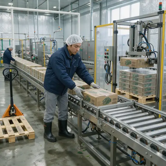 a worker guiding cases of frozen spinach into an automatic palletizer at the end of a packaging line in a cold processing facility