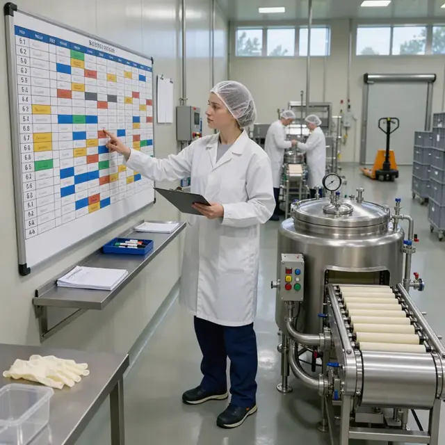a worker reviewing a large wall-mounted production schedule board next to stainless steel processing equipment in a brightly lit food plant