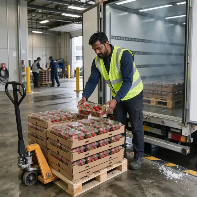 a worker in a high-visibility vest standing at a loading dock beside a refrigerated truck inspecting pallets of fresh strawberries under bright overhead lights