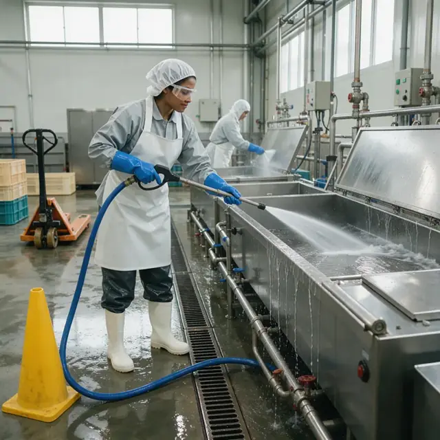 a worker in protective gear spraying down stainless steel blanching equipment with high-pressure hoses during a cleaning cycle
