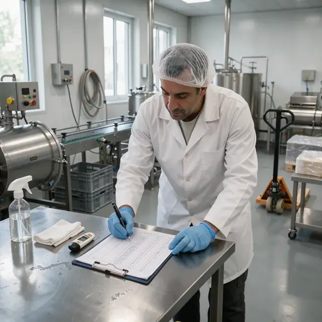 a worker in a hairnet and lab coat filling out a multi-column sanitation and temperature log sheet at a stainless steel table beside production equipment