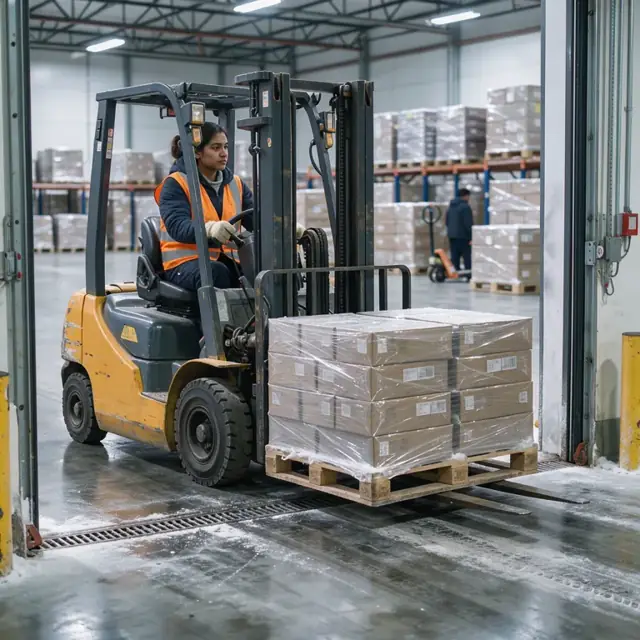 a worker driving a forklift loaded with pallets of shrink-wrapped frozen food cases through a large freezer warehouse door