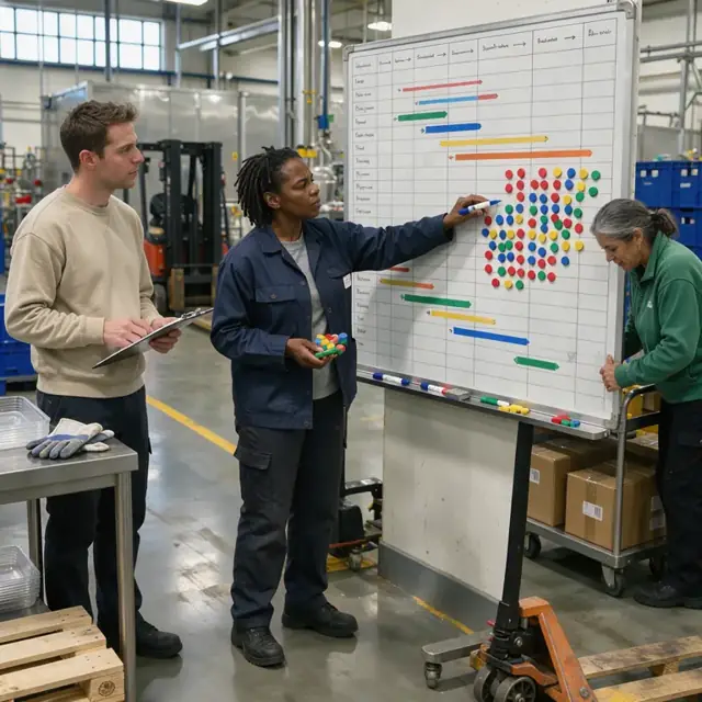 a worker standing at a large dry-erase board mapping out production runs for multiple frozen food lines with colored magnets and timelines