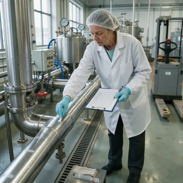 a worker in a hairnet and lab coat swabbing a stainless steel pipe while checking off items on a sanitation log sheet