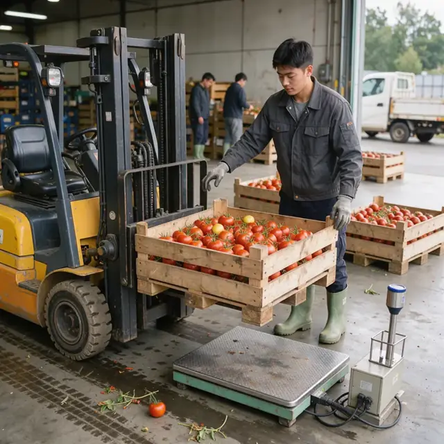 a worker in rubber boots standing beside a forklift unloading wooden bins of fresh tomatoes onto a dock scale next to a temperature probe