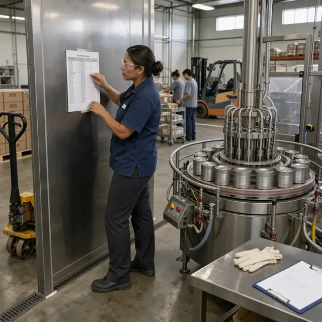a worker reviewing a printed schedule taped to a stainless steel wall beside a large rotary can filler in operation