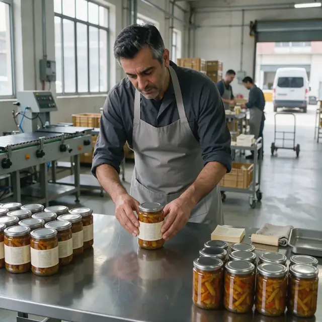 a worker applying printed labels to rows of sealed glass jars on a stainless steel packing table