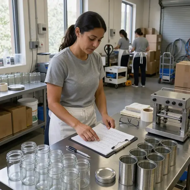 a worker at a stainless steel counter reviewing printed order sheets next to rows of empty glass jars and metal cans