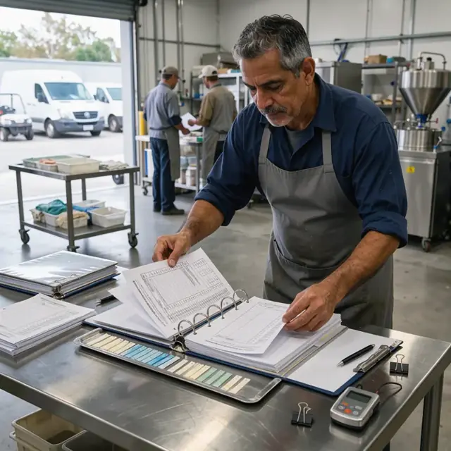 a worker organizing printed batch records, moisture test strips and temperature charts into a binder at a stainless steel table