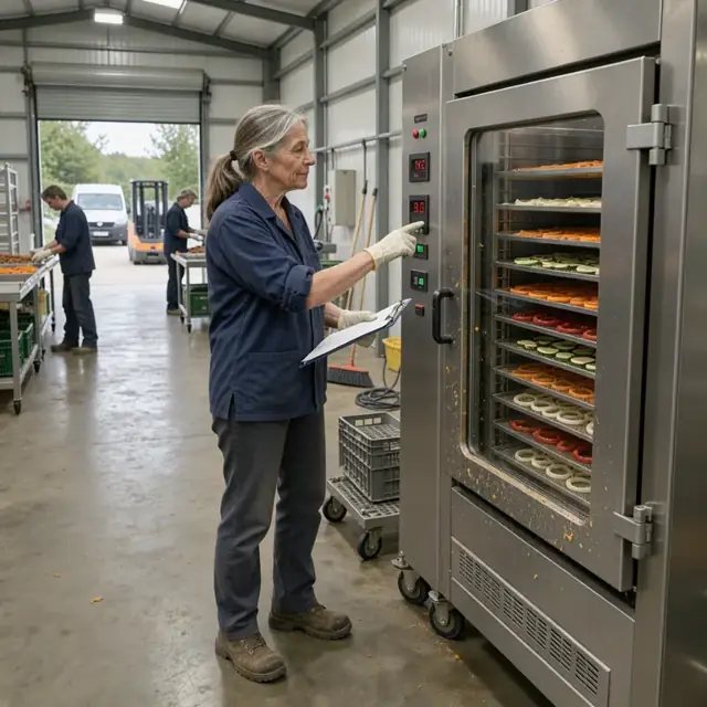 a worker checking digital readouts on a large industrial dehydrator with trays of drying vegetables visible through the door