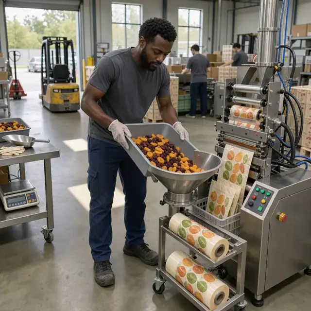 a worker feeding dried fruit into an automated pouch filling and sealing machine with rolls of printed film nearby