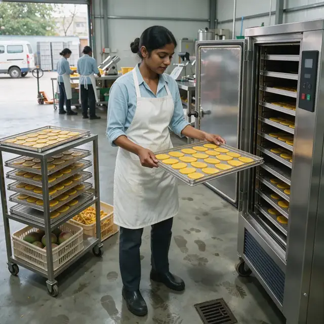 a worker standing in front of an industrial dehydrator loading sliced fruit onto mesh trays on a stainless steel cart