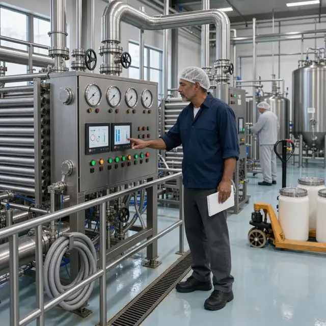 a worker monitoring gauges and digital screens on a large plate pasteurizer unit inside a fluid milk processing facility