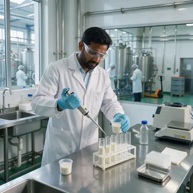 a worker in a lab coat pipetting milk samples into test tubes at a stainless steel laboratory bench inside a dairy processing plant