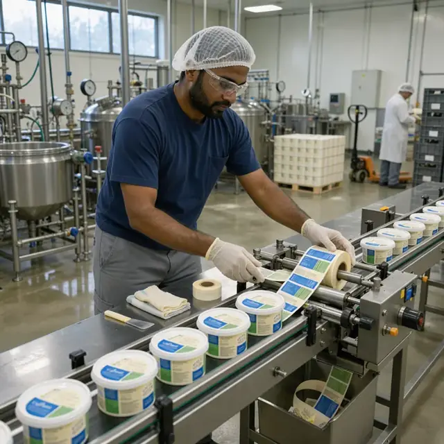 a worker feeding printed labels onto tubs of butter moving down a stainless steel packaging conveyor in a creamery