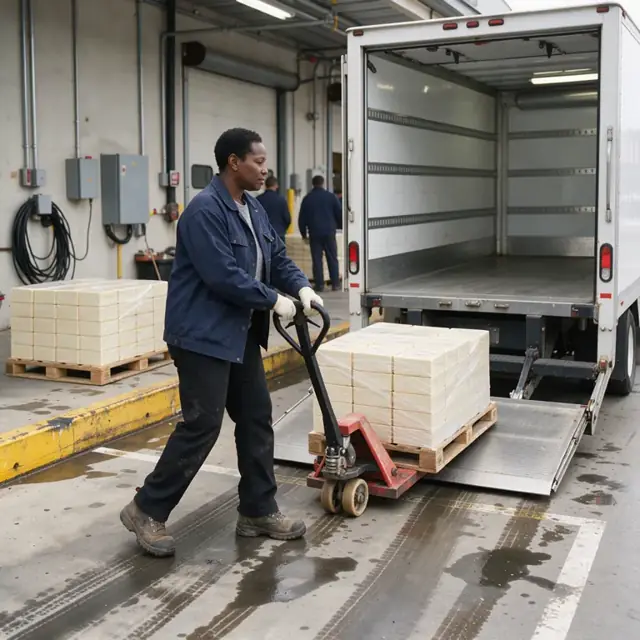 a worker loading pallets of boxed butter onto a refrigerated truck using a pallet jack at a creamery loading dock
