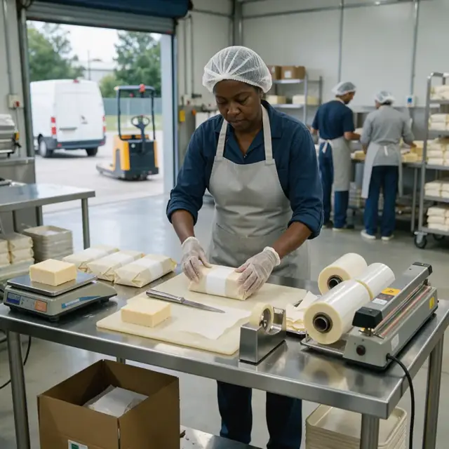 a worker wrapping blocks of cheese in paper and applying labels at a stainless steel packaging table with scales and rolls of film