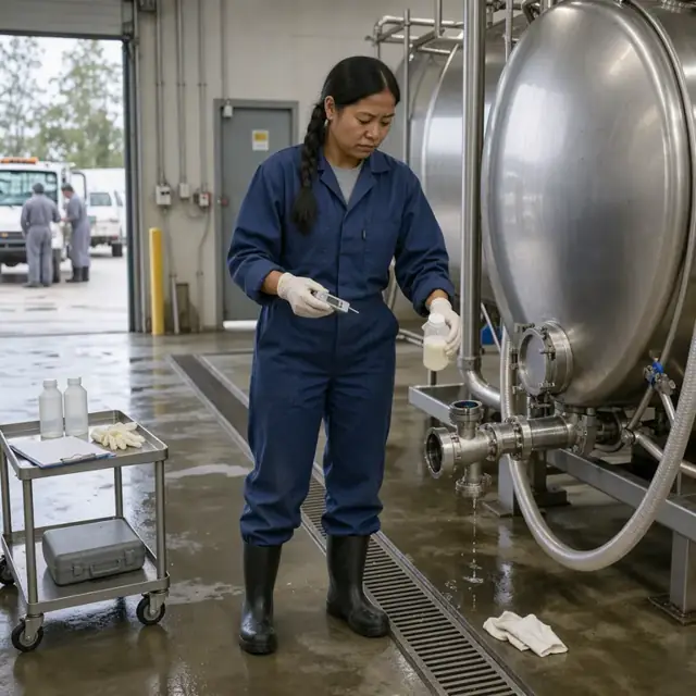 a worker in coveralls standing beside a stainless milk tanker with a sample bottle and digital thermometer at the intake bay