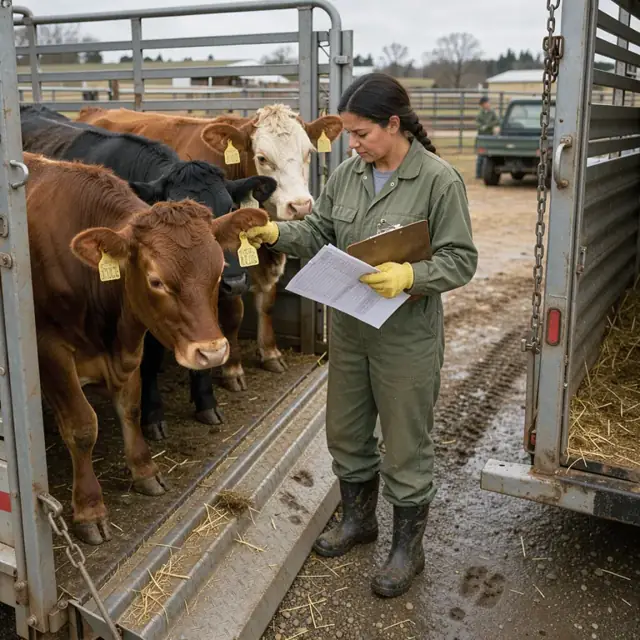 a worker wearing rubber boots and coveralls standing at a livestock unloading ramp checking ear tags on cattle against a clipboard manifest beside a stock trailer