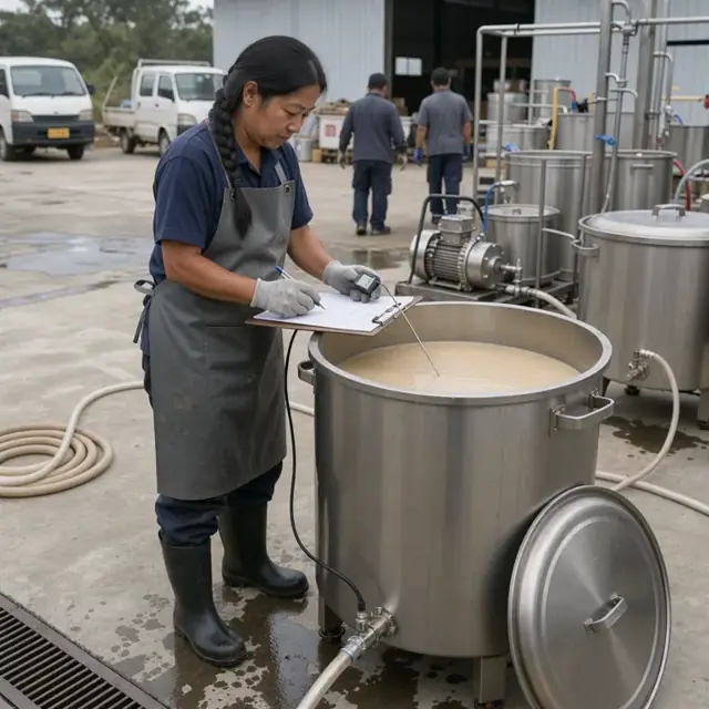 a worker checking a digital thermometer probe in a large vat of product while recording data on a clipboard