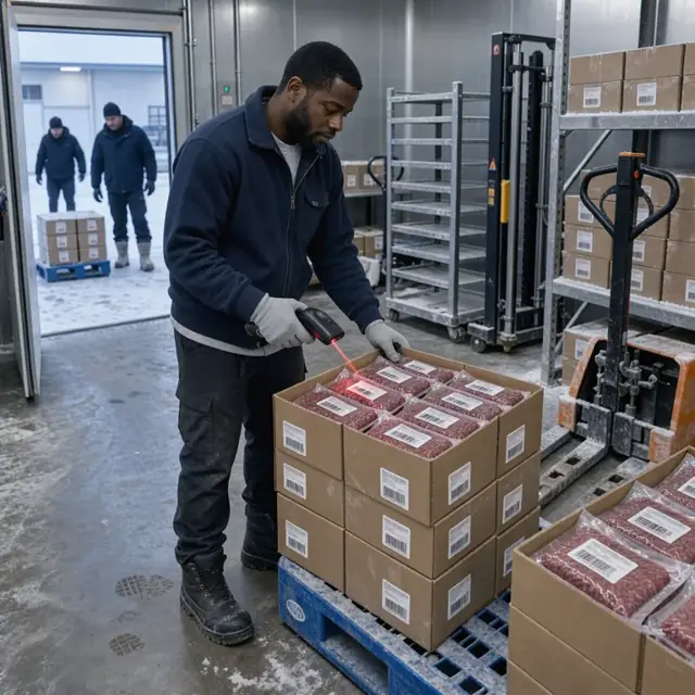 a worker scanning barcodes on boxes of vacuum-packed ground beef inside a walk-in freezer