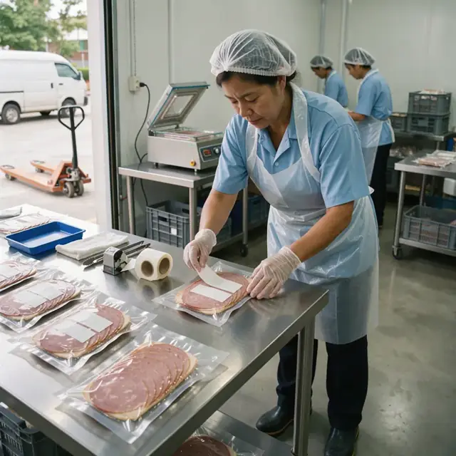 a worker applying labels to vacuum-sealed packages of sliced deli meat on a stainless steel packaging table