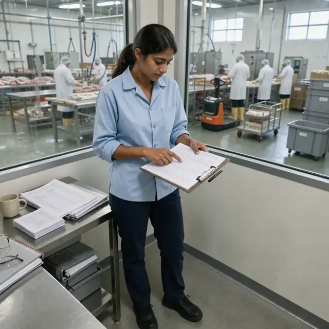 a worker reviewing printed customer cut sheets attached to a clipboard in a meat processing office overlooking the production floor