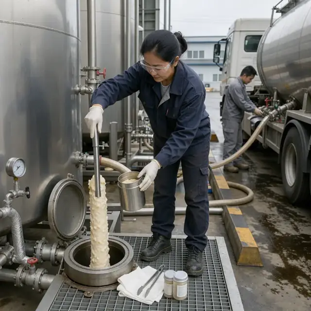 a worker taking a core sample from a bulk tank of rendered fat before filling a tanker truck at a loading bay