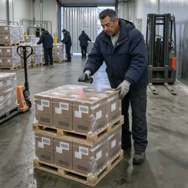 worker scanning barcodes on stacked pallets of boxed chicken parts inside a refrigerated warehouse
