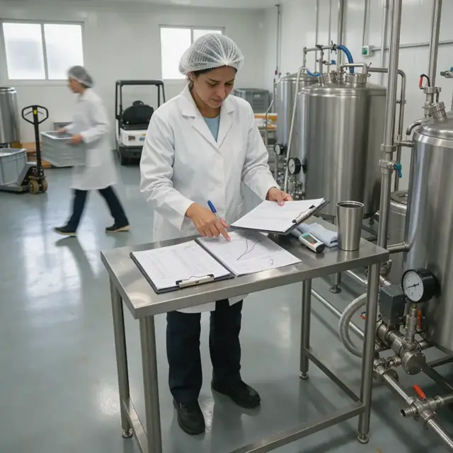 a worker in hairnet and lab coat reviewing temperature charts and clipboard logs at a desk beside stainless steel processing equipment