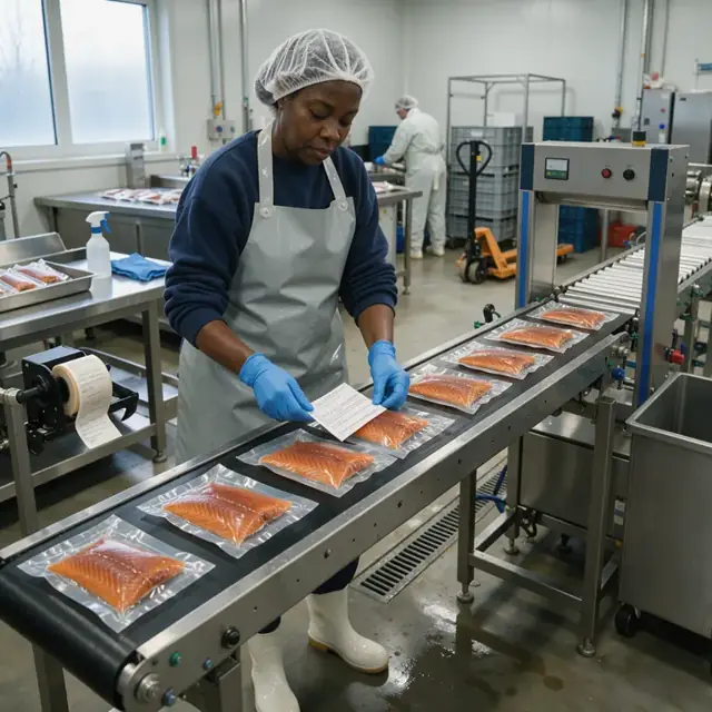 a worker applying labels to sealed plastic pouches of smoked salmon on a conveyor leading to a metal detector