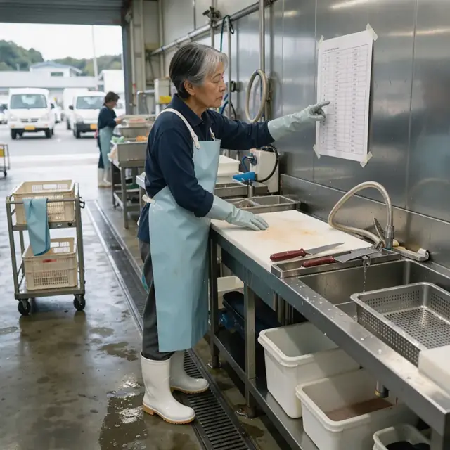 a worker reviewing a printed schedule taped to a stainless steel wall beside a large filleting station