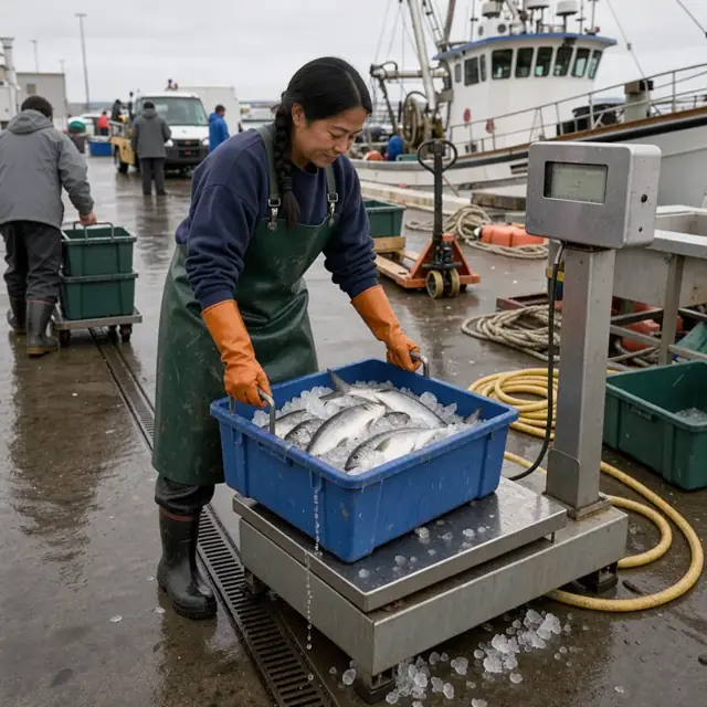 a worker in rubber apron and gloves weighing a bin of iced fish on a platform scale at a dock with a vessel visible in the background