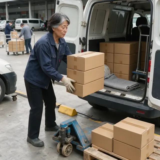a worker loading stacked bakery boxes into the back of a van at a loading dock