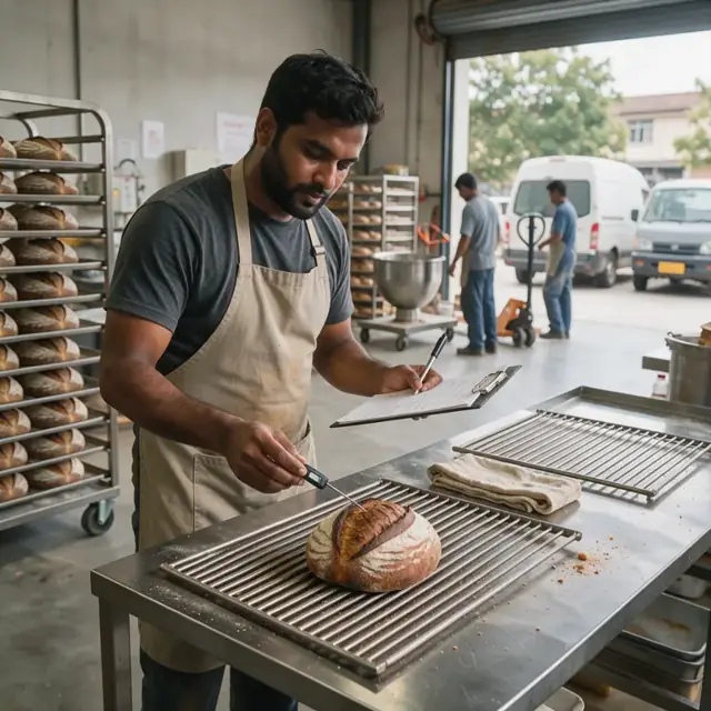 a worker using a probe thermometer to check the internal temperature of a loaf of bread and noting it on a clipboard