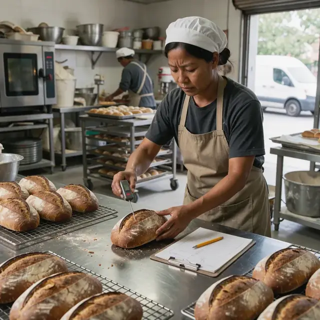 a worker checking the internal temperature of freshly baked bread loaves with a probe thermometer beside a clipboard in a bakery