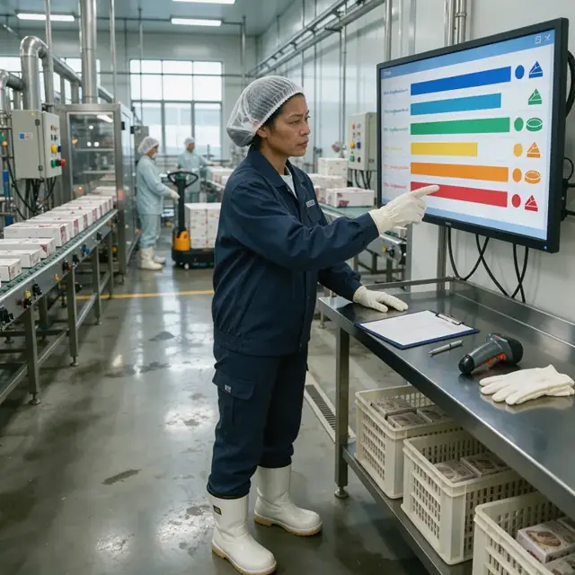 a worker reviewing colored production bars on a wall-mounted monitor showing cake and pie lines inside a frozen food factory