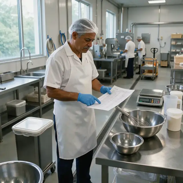 a worker in hairnet reviewing a large printed batch sheet next to stainless steel mixing bowls in a food manufacturing facility