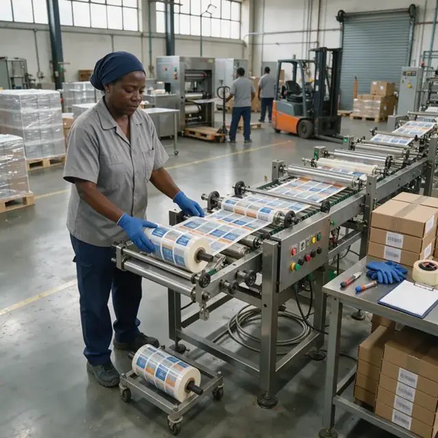 a worker feeding pre-printed film rolls into a horizontal form-fill-seal packaging machine next to stacks of labeled cartons