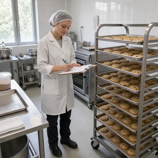 a worker in a hairnet and lab coat checking a digital temperature probe in a cooling rack of freshly baked cookies while writing on a clipboard