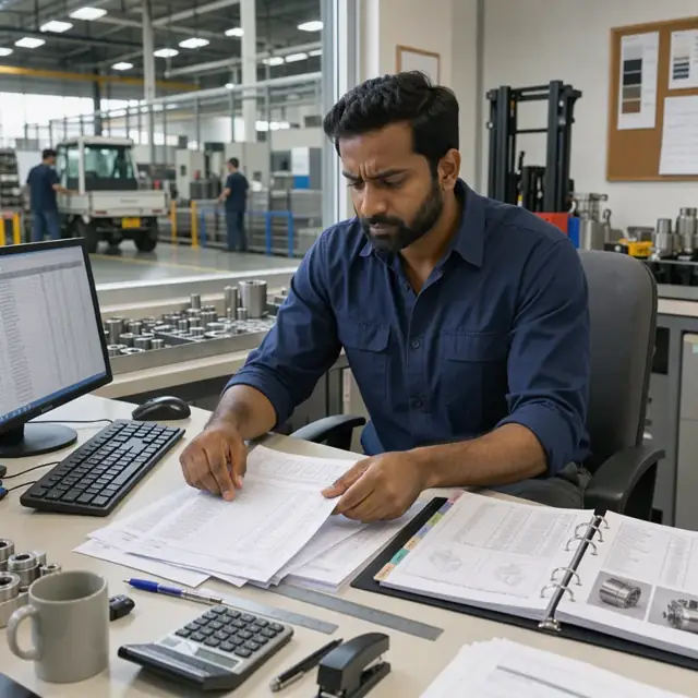 a worker at a desk reviewing printed customer order sheets next to a binder of approved product specifications in a manufacturing office
