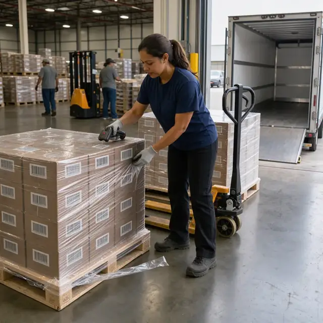 a worker scanning barcodes on shrink-wrapped pallets of tortilla cases before loading them onto a docked refrigerated trailer