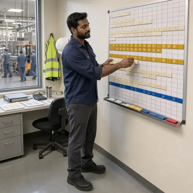 a worker standing at a large wall-mounted scheduling board with magnetic strips showing corn and flour tortilla line runs in a brightly lit plant office