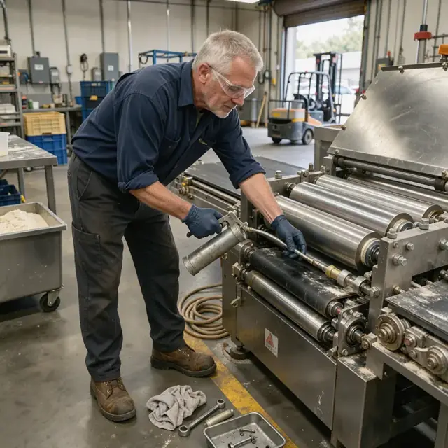 a worker in safety glasses lubricating the rollers of a large tortilla press machine with a grease gun during a scheduled shutdown