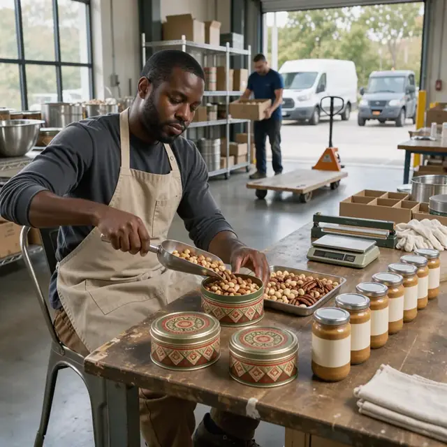 a worker at a desk packaging roasted mixed nuts into decorative gift tins with a row of sealed jars of peanut butter nearby