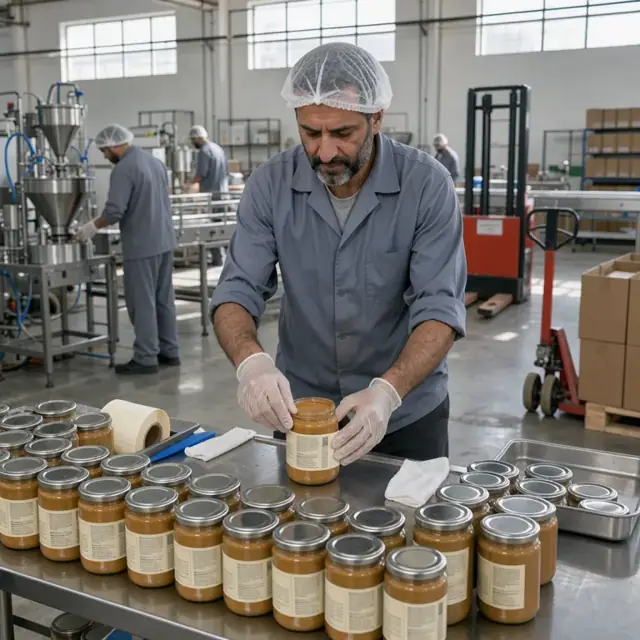 a worker applying printed labels to rows of glass jars filled with peanut butter on a stainless steel packaging table
